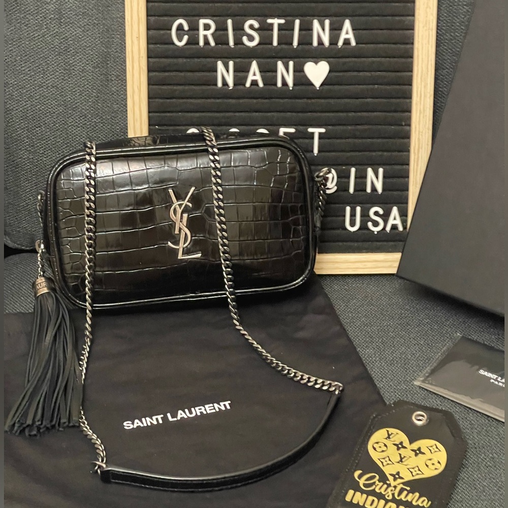 YSL Mini Croc Embossed Patent Leather Camera Bag Black